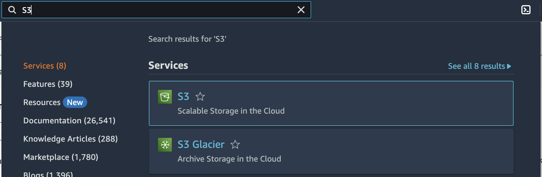 AWS search for "S3"