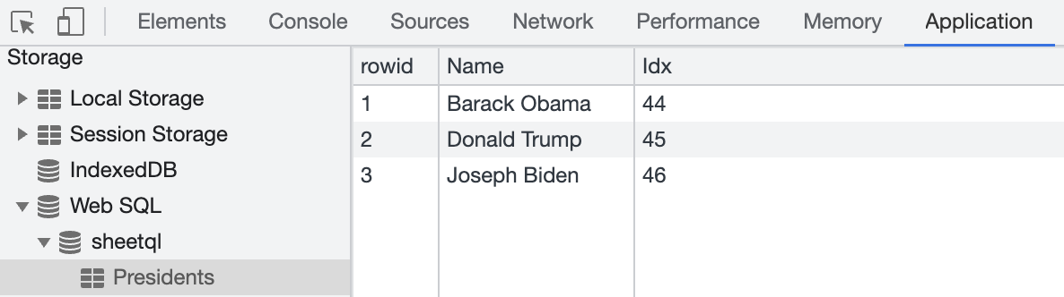 WebSQL view in Developer Tools