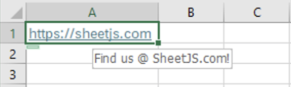 Cell A1 is a hyperlink with a custom tooltip