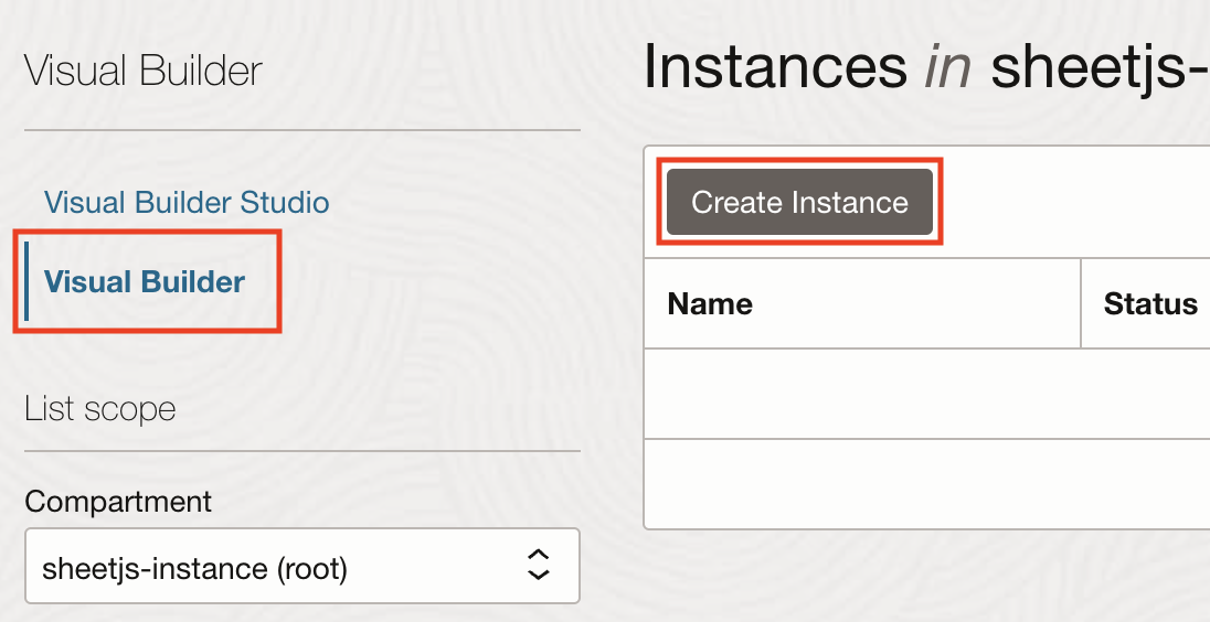 "Visual Builder" create instance