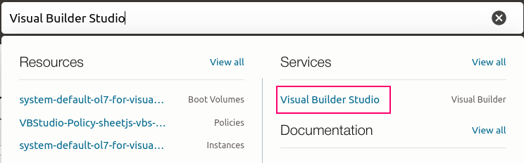 Oracle Cloud search for "Visual Builder Studio"