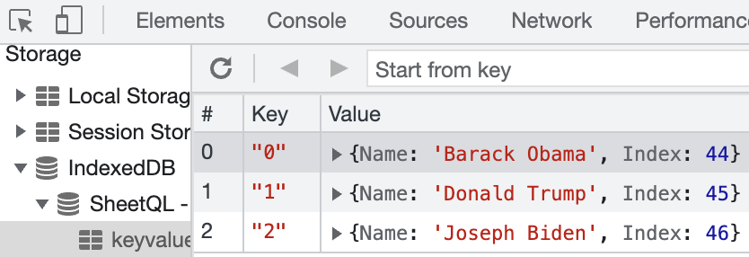 IndexedDB view in Developer Tools