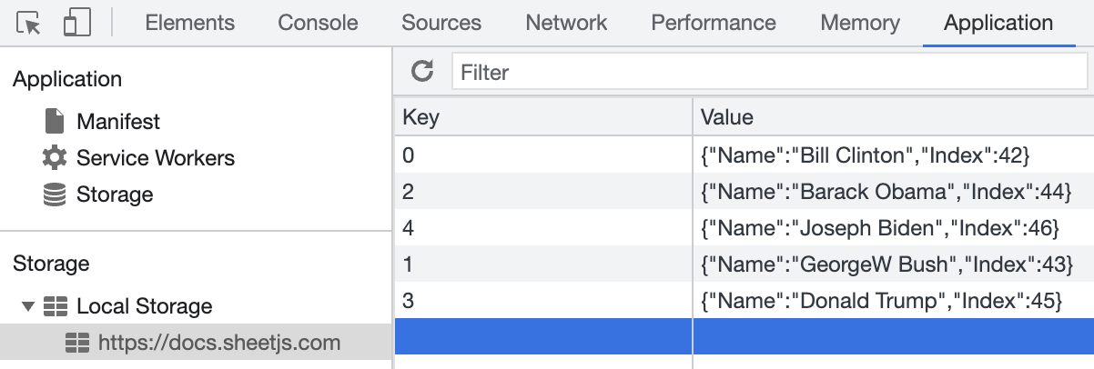 Local Storage view in Developer Tools